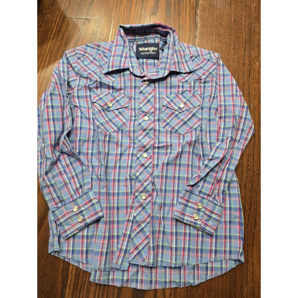 Wrangler Kids Blue Pink Plaid Western Snap Long Sleeve Shirt Size S 5-6 201WAAL